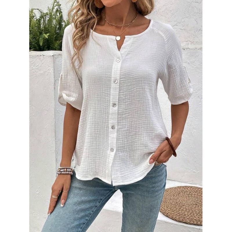 Camisa blanca con botones y manga corta de color liso a la moda de verano para mujer de estilo europeo y americano