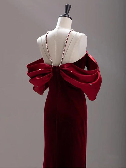 Premium Sense Wine Red Engagement Fishtail Temperament One Line Shoulder Evening Dress