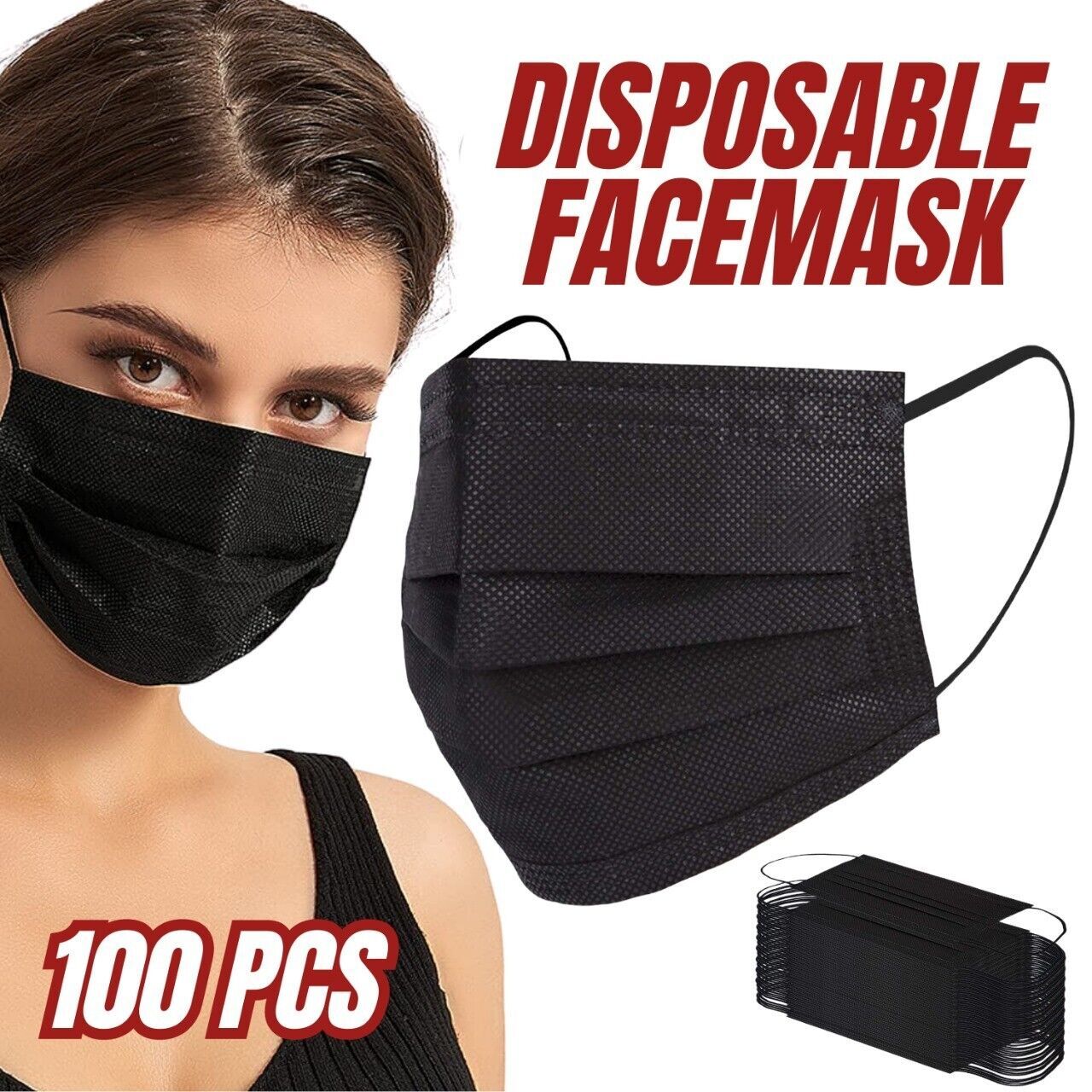 100 PC Mascarilla facial no médica quirúrgica desechable de 3 capas con lazo para las orejas - Negro