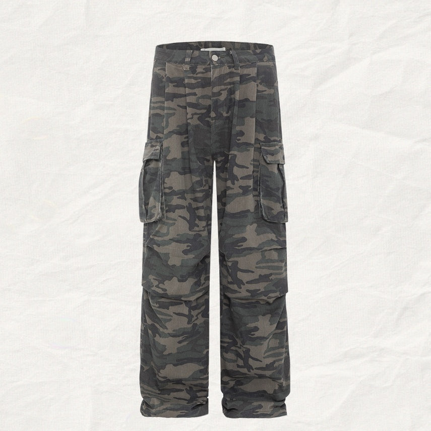 Retro Washed Camouflage Workwear With Pocket Straight Loose Jeans