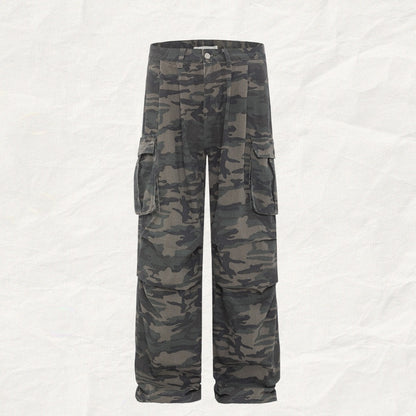 Retro Washed Camouflage Workwear With Pocket Straight Loose Jeans