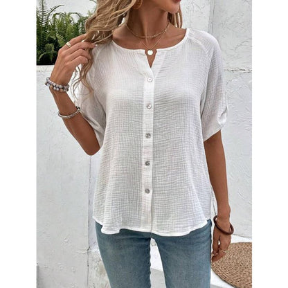 Camisa blanca con botones y manga corta de color liso a la moda de verano para mujer de estilo europeo y americano