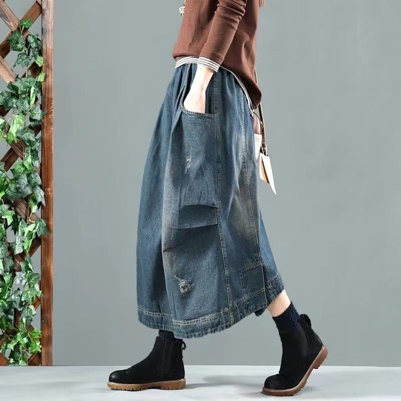 Vintage Denim Skirt Women's Elegant Long Dress Loose Skirt Women's