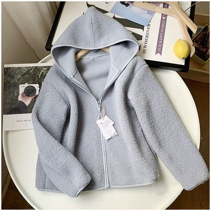 Autumn And Winter Faux Cashmere Polar Fleece Zipper Hooded Long Sleeve