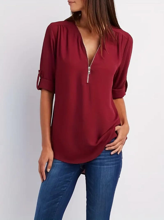 Simple V-neck Shirt, Casual Pleated Half-zip Shirt With Rolled-up Sleeves