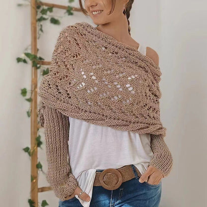 Autumn And Winter Warm Knitted Shawl Women's Hollowed-out Double Sleeve Shawl Collar Fashion Natural For Home And Party