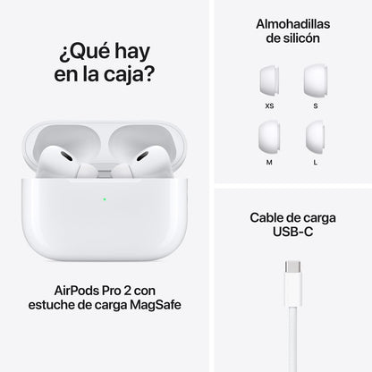 Audífonos inalámbricos AirPods Pro 2 de Apple, audífonos Bluetooth, Cancelación Activa de Ruido, Modo Ambiente, Audio Espacial Personalizado, Sonido de Alta fidelidad, Chip H2, Carga USB-C