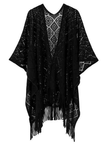 Warp Knitted Solid Color Tassel Thin Hollow Shawl