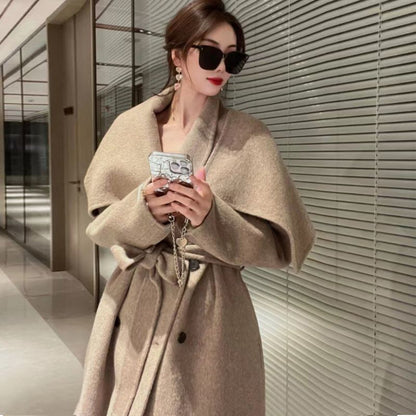 Women's Double-sided Cashmere Coat With Scarf Elegant Woolen Overcoat