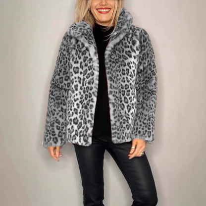 Nueva blusa de lana de piel sintética con solapa y estampado de leopardo de moda para mujer de invierno