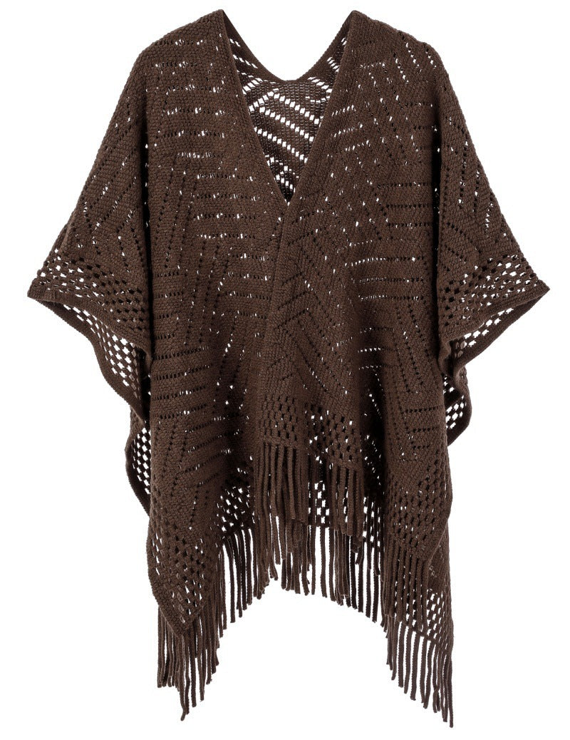 Warp Knitted Solid Color Tassel Thin Hollow Shawl