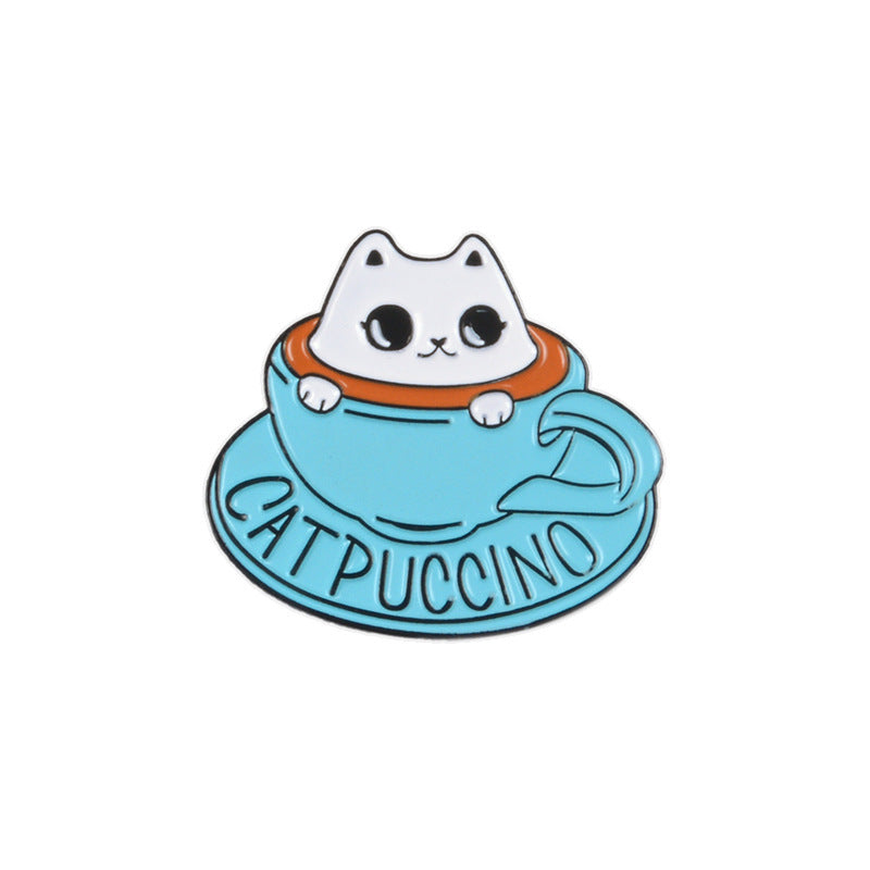 Broche con forma de taza de té azul con forma de gato blanco y bonito recuerdo de cafetería con temática de mascotas