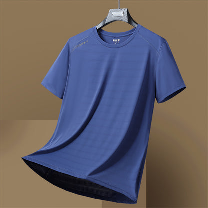 Camiseta de manga corta de secado rápido, fina, transpirable, de cuello redondo, que absorbe la humedad, de seda de hielo de alta elasticidad para mujer y hombre