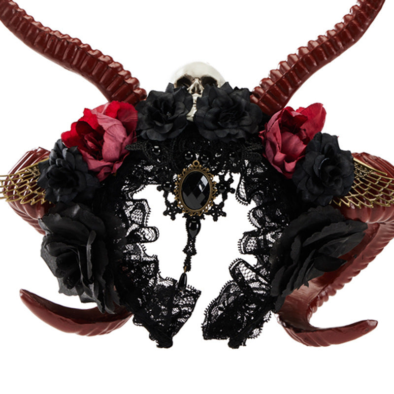 Diadema gótica de cuerno de diablo oscuro con forma de calavera y cuerno de antílope rojo para Halloween