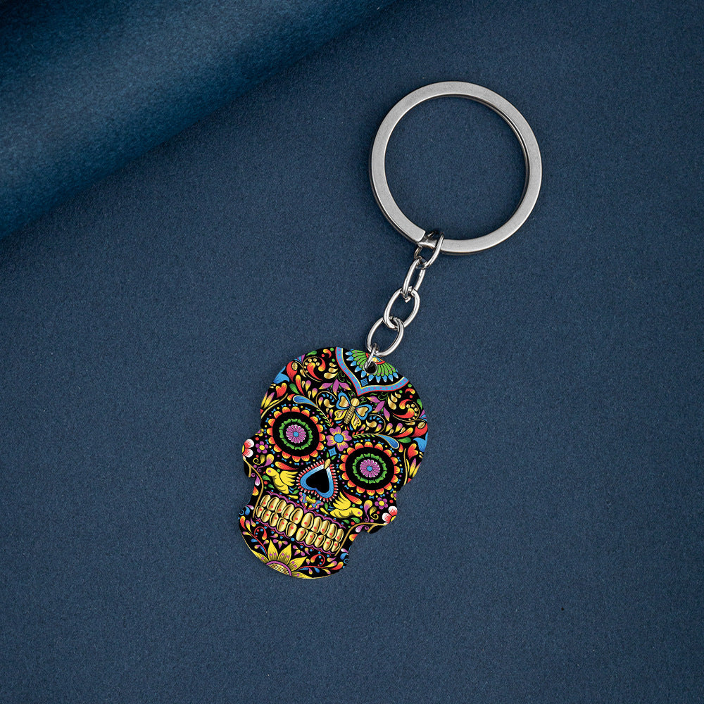 Day Of The Dead Skull Color Printing Stainless Steel Key Ring