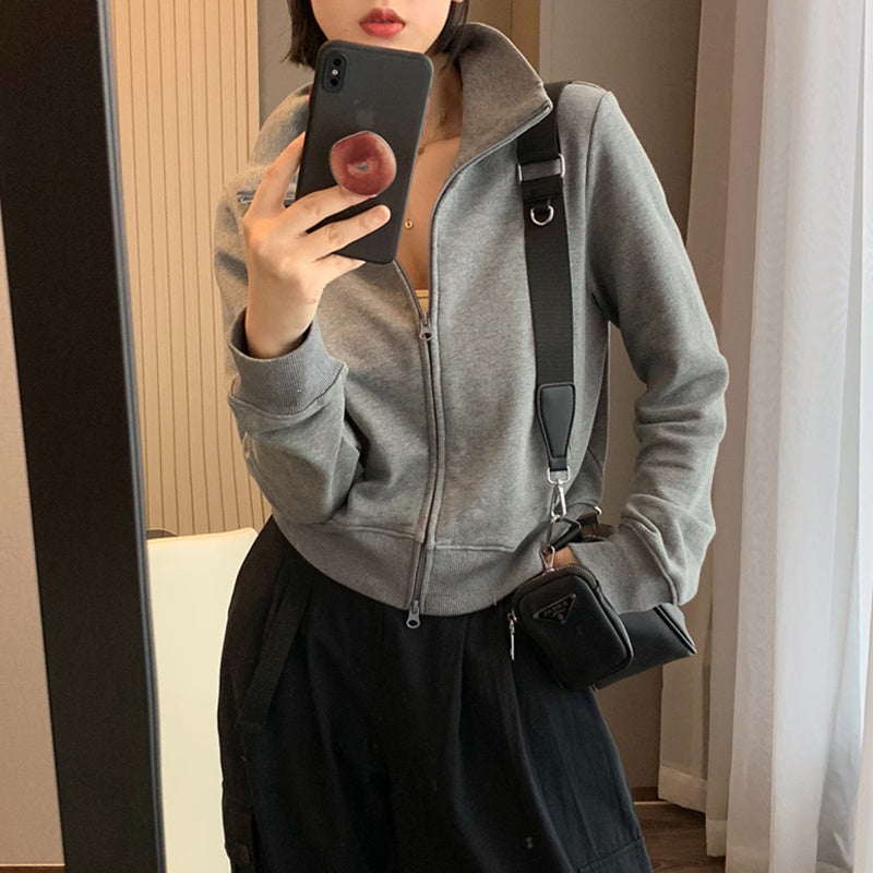 American Retro Gray Short Hoodie Stand Up Collar Jacket For Women