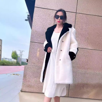 V-neck Large Lapel Contrast Color Long Coat