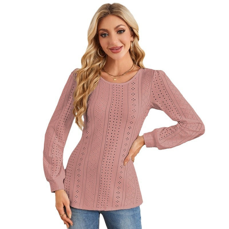 Round Neck Small Hole Bubble Sleeve Long Sleeve Top