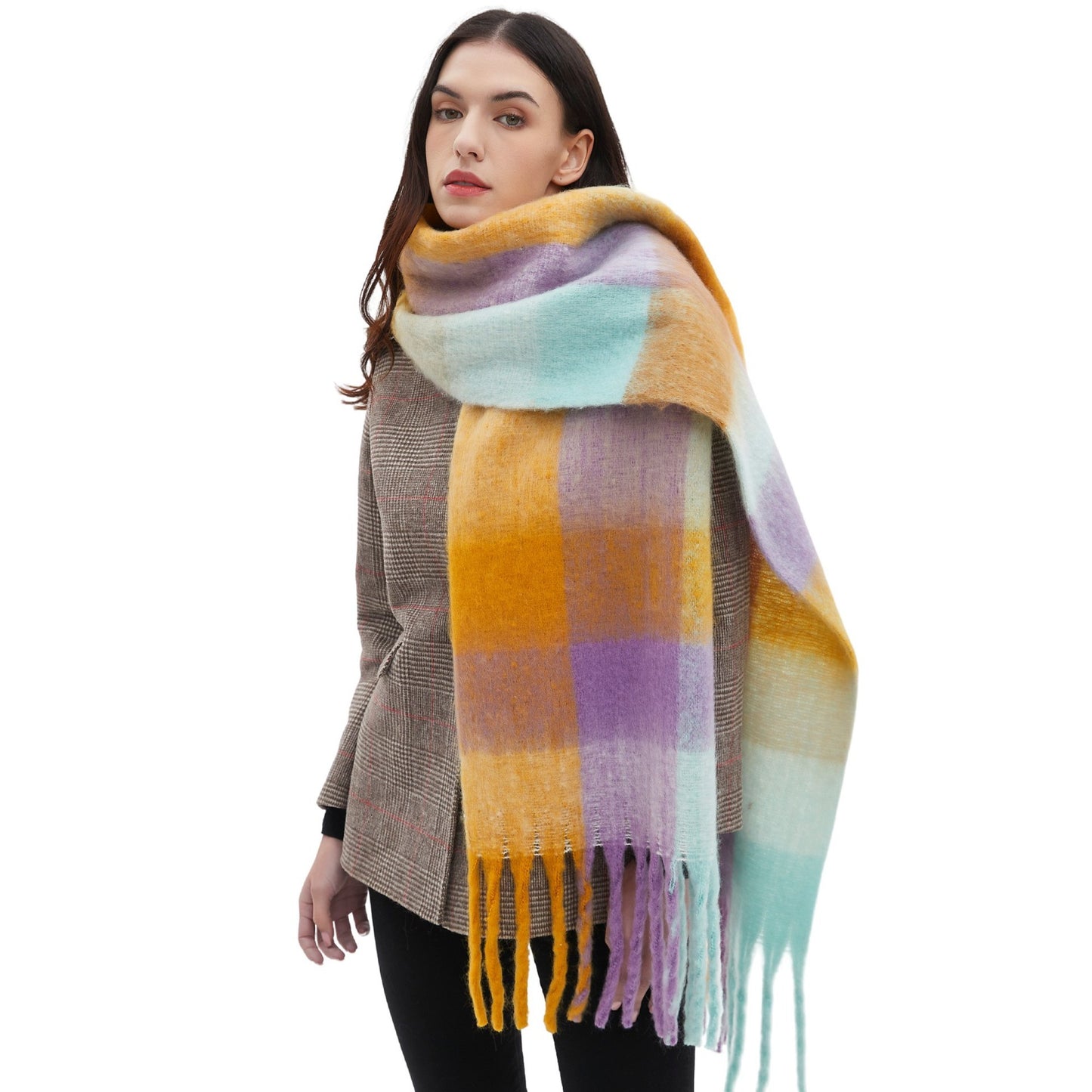 Men's And Women's Round Yarn Coarse Tassel Plaid Scarf