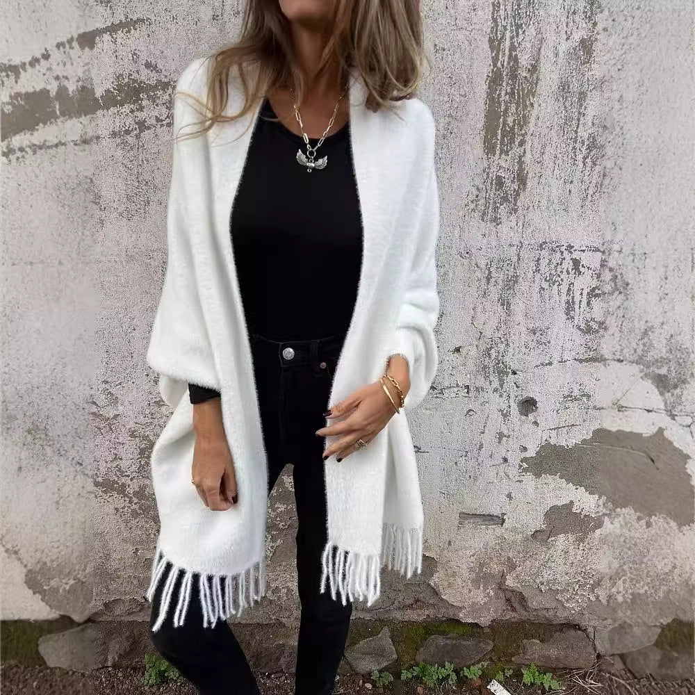 Women's Knitted Batwing Sleeve Cardigan With Tassel Design Fashion Loose Shawl Outwear Clothing