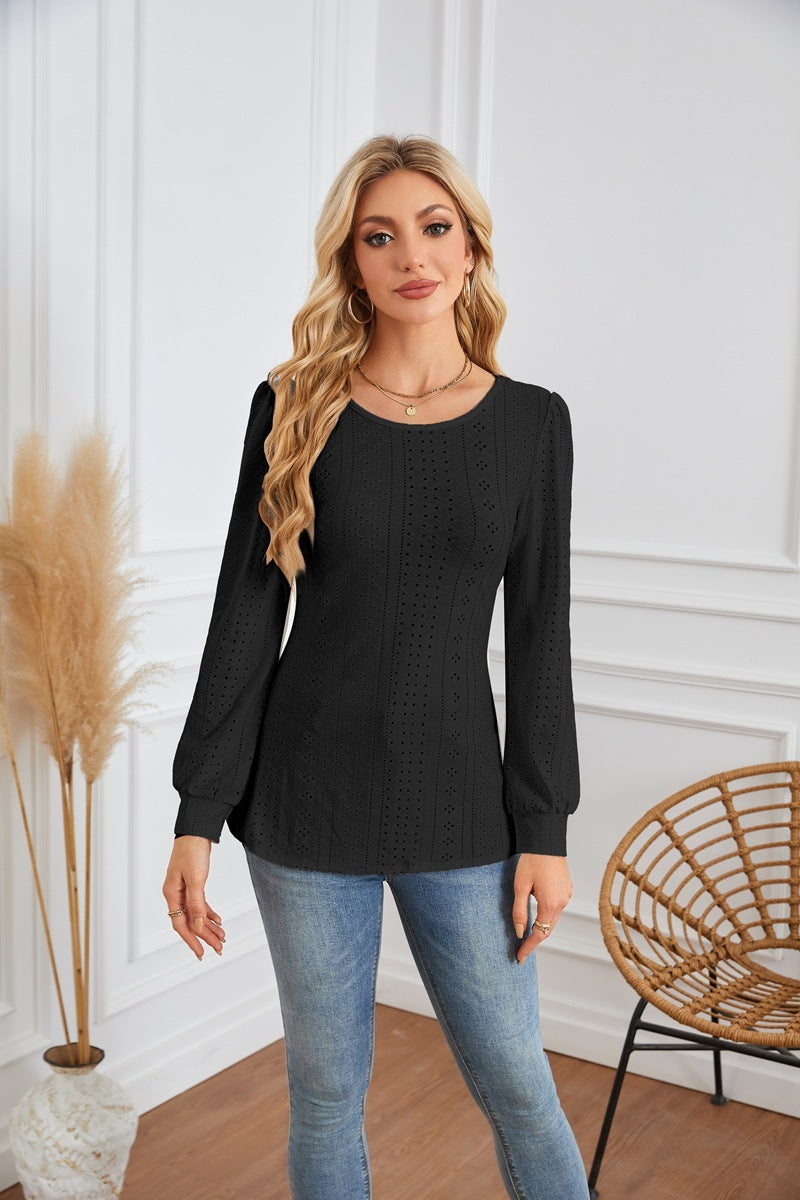 Round Neck Small Hole Bubble Sleeve Long Sleeve Top