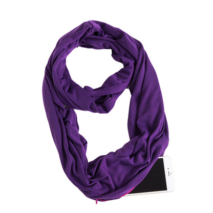 Creative Scarf Women's Solid Color Jersey Storage Zipper Pocket Scarf