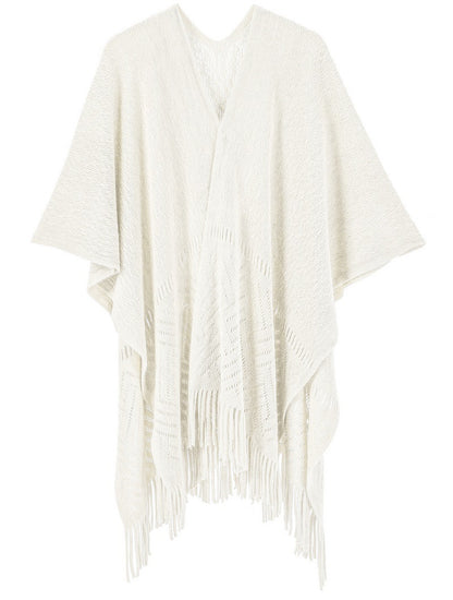 Warp Knitted Solid Color Tassel Thin Hollow Shawl