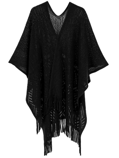 Warp Knitted Solid Color Tassel Thin Hollow Shawl