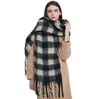 Black Rice Plaid Thick Tassel Scarf For Women Thickened Bib Shawl