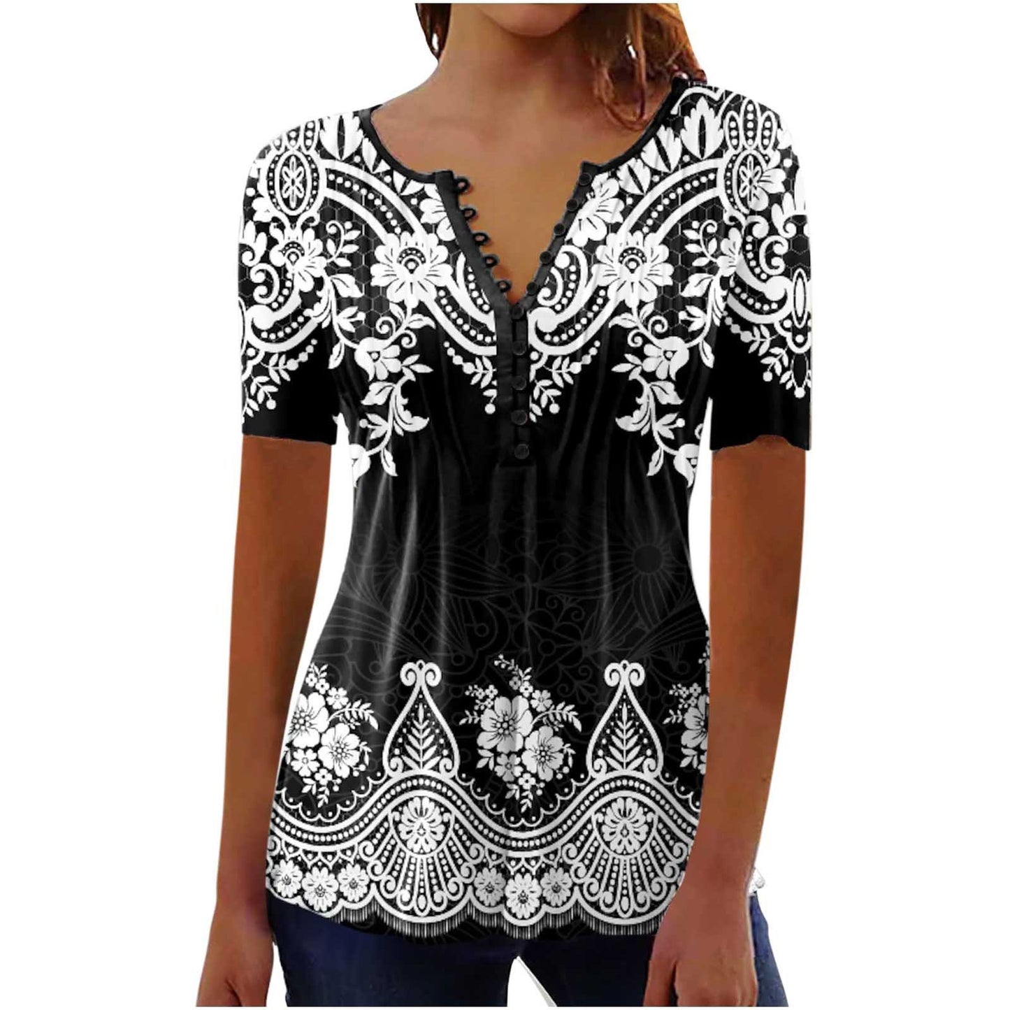 Camiseta de cuello redondo plisada con estampado digital 3D para mujer