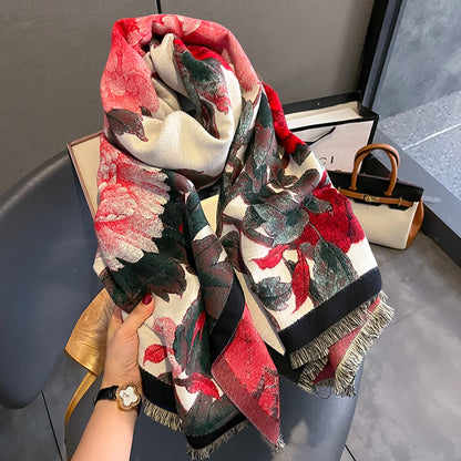 Retro Floral Artificial Cashmere Scarf Women's Thick Warm Scarf