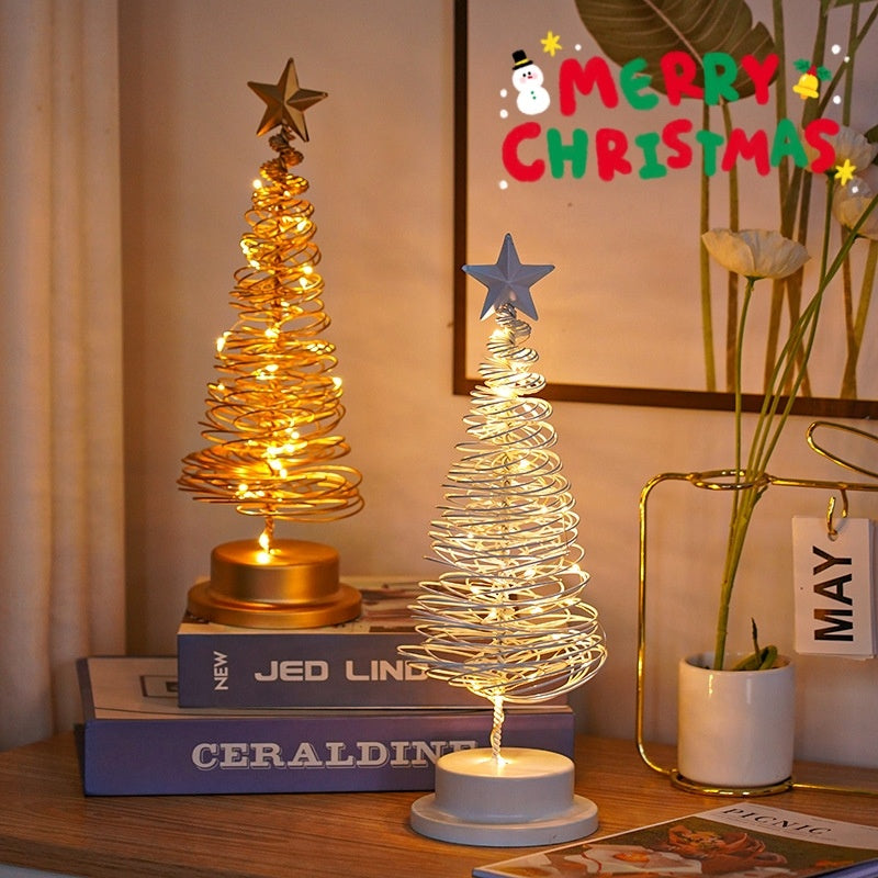 Adorno de mesa con luz en espiral de árbol de Navidad LED, lámpara de escritorio de hierro forjado para dormitorio, luz nocturna de ambiente navideño