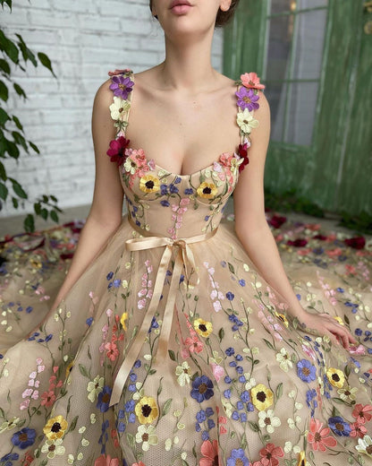 Sevintage Exquisitos vestidos de fiesta con flores en 3D y escote corazón