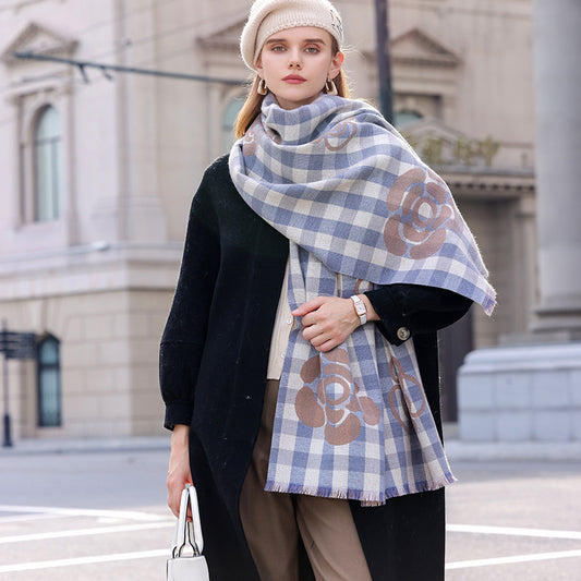 Bufanda térmica de cuadros con borlas estampadas y protección contra el frío de alta calidad para otoño e invierno, chal de longitud media