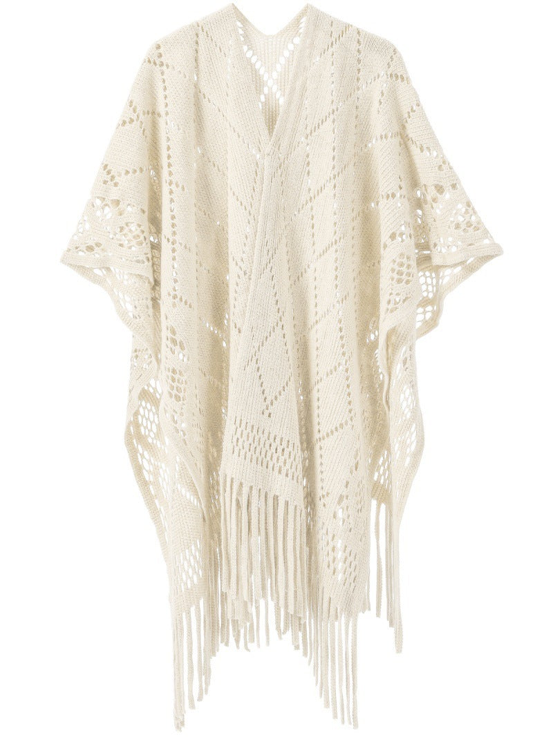 Warp Knitted Solid Color Tassel Thin Hollow Shawl