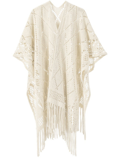 Warp Knitted Solid Color Tassel Thin Hollow Shawl