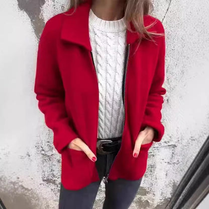 Chaqueta con cremallera de solapa y bolsillos, abrigo de color liso a la moda para otoño e invierno, ropa de mujer