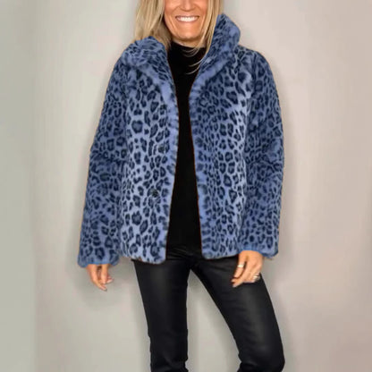 Nueva blusa de lana de piel sintética con solapa y estampado de leopardo de moda para mujer de invierno