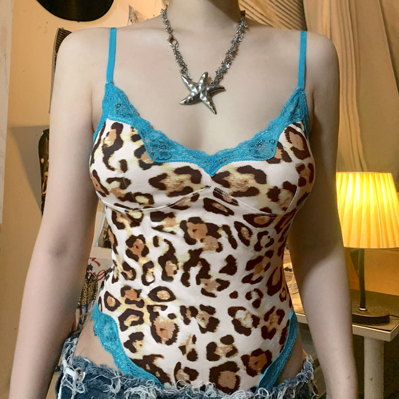 European And American Retro Hot Girl Lace Leopard Print Jumpsuit