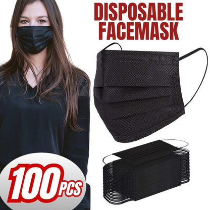 100 PC Mascarilla facial no médica quirúrgica desechable de 3 capas con lazo para las orejas - Negro