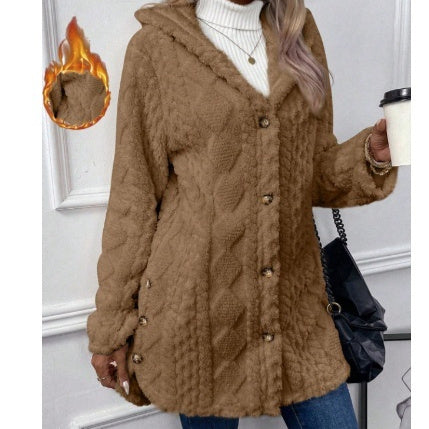 European And American Hooded Solid Color Cardigan Button Long Sleeve Coat