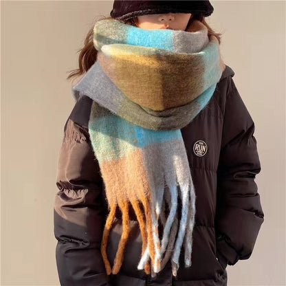 Women's Plaid Tassel Scarf Rainbow Color-blocking Shawl