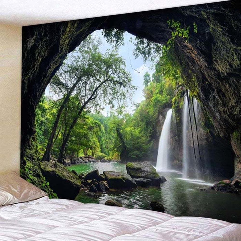 Tapiz hippie con estampado de cascada y cueva, tela de poliéster, decoración del hogar, alfombra para colgar en la pared, alfombras, cascada