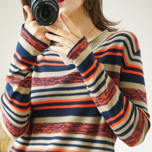 Striped V-neck Knitted Top Thin Plus Size Inner Bottoming Shirt