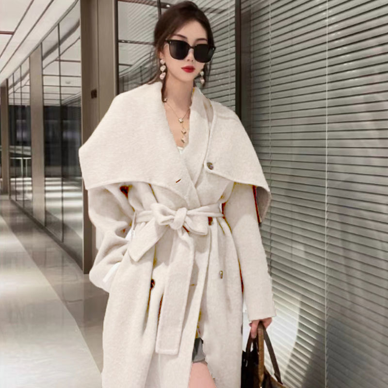 Women's Double-sided Cashmere Coat With Scarf Elegant Woolen Overcoat