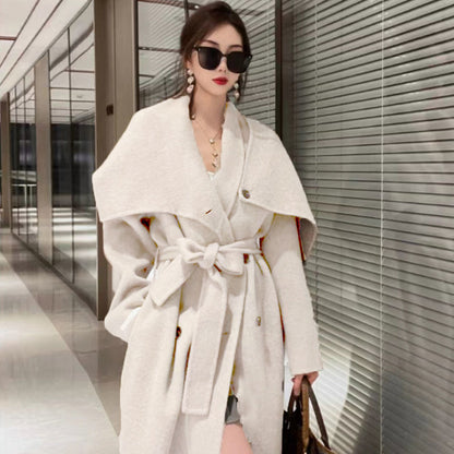 Women's Double-sided Cashmere Coat With Scarf Elegant Woolen Overcoat