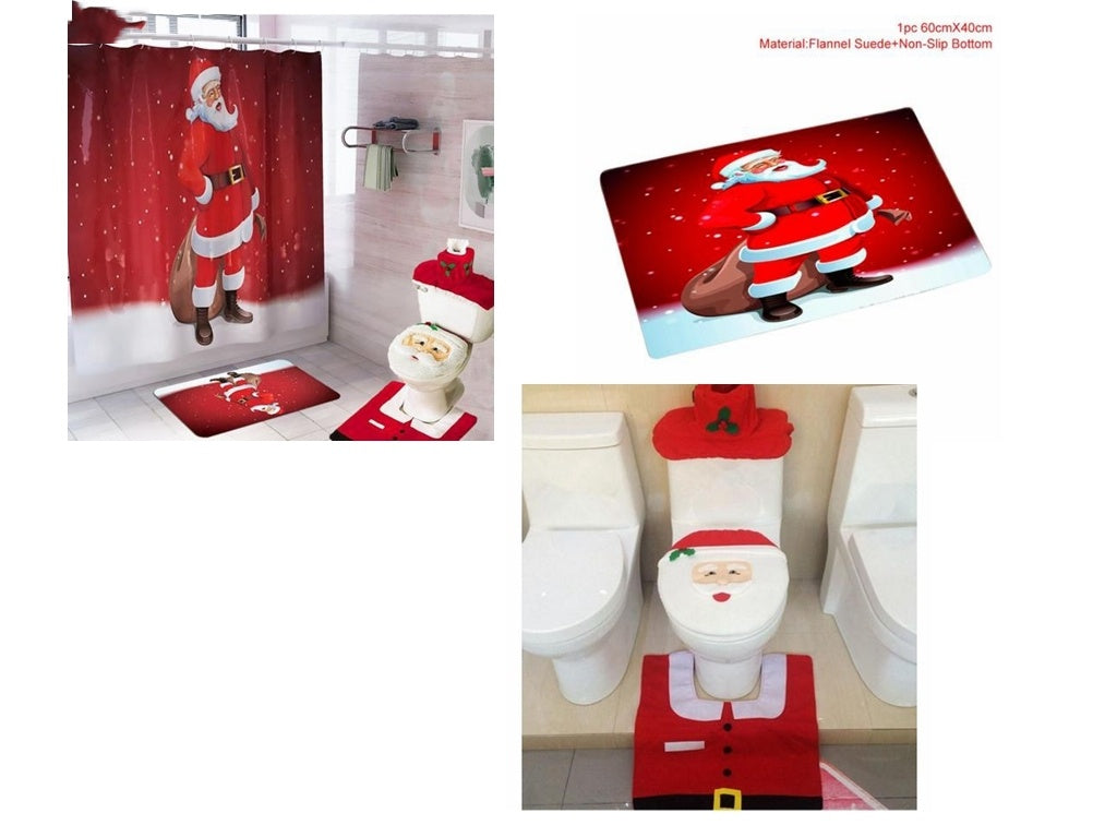 Cortina de baño navideña con diseño de Papá Noel y asiento de inodoro con adornos navideños