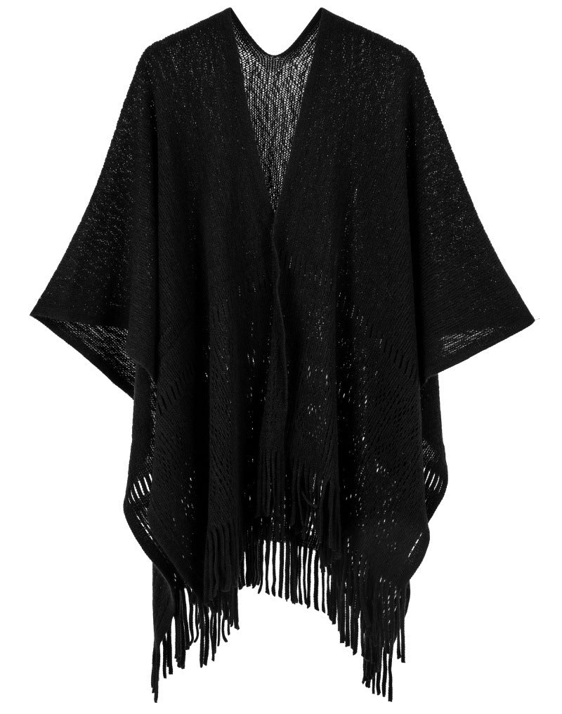 Warp Knitted Solid Color Tassel Thin Hollow Shawl