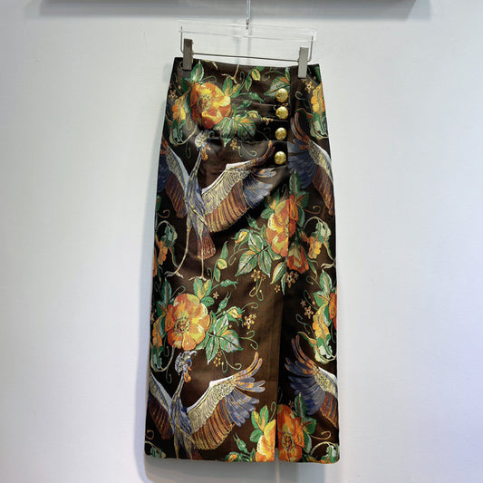 Women's Printed Gold Button Hem Slit High Waisted Skirt