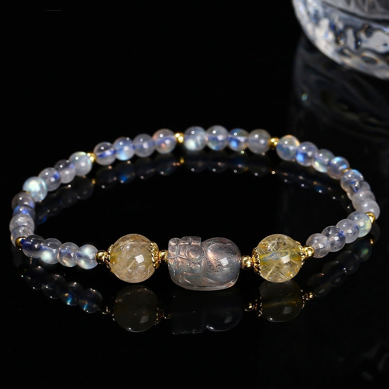 Pulsera de piedra lunar gris natural Pi Xiu, regalo de moda nacional para niñas, pulsera de un solo anillo